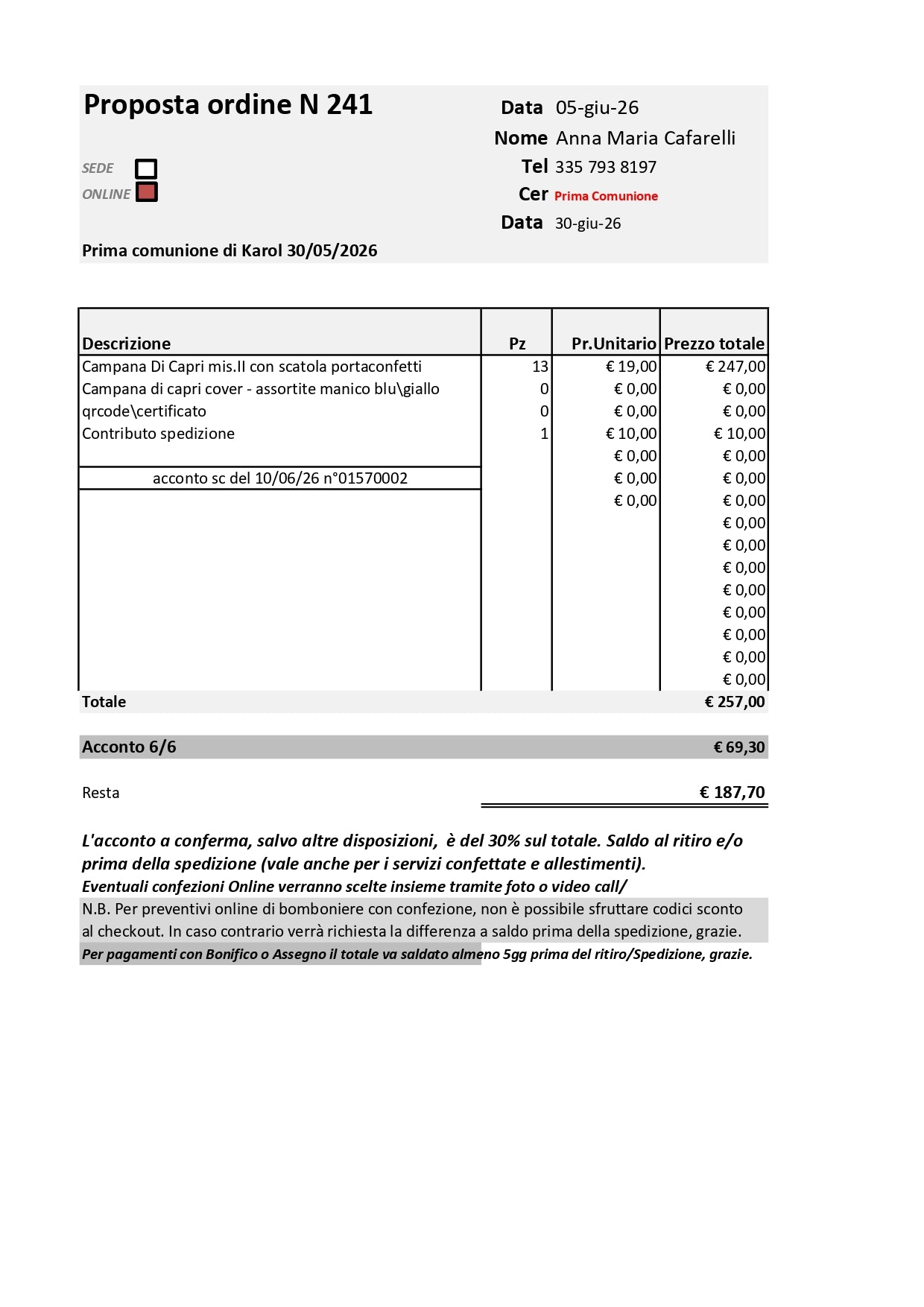 Sharon Saldo Campane - Come proposta d ordine 241