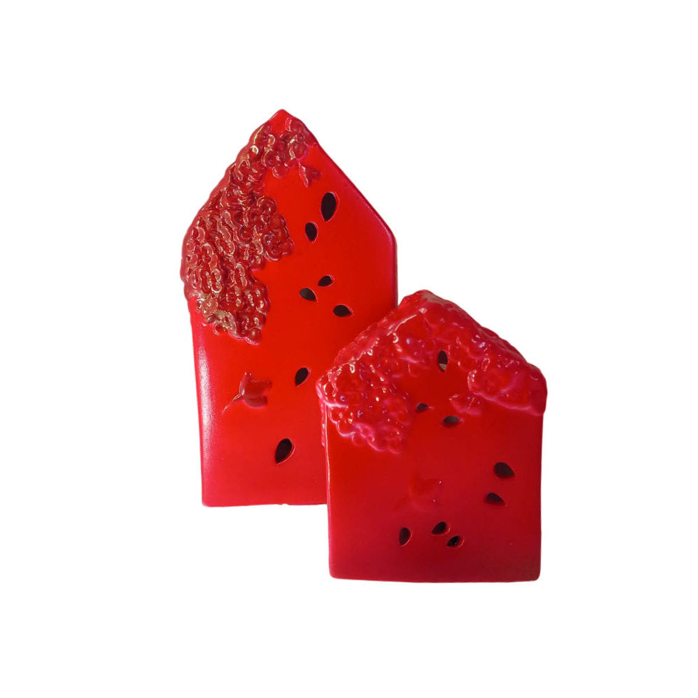Ad Creation Coppia Casette in Ceramica Natalizie con Led H.14+22 Cm