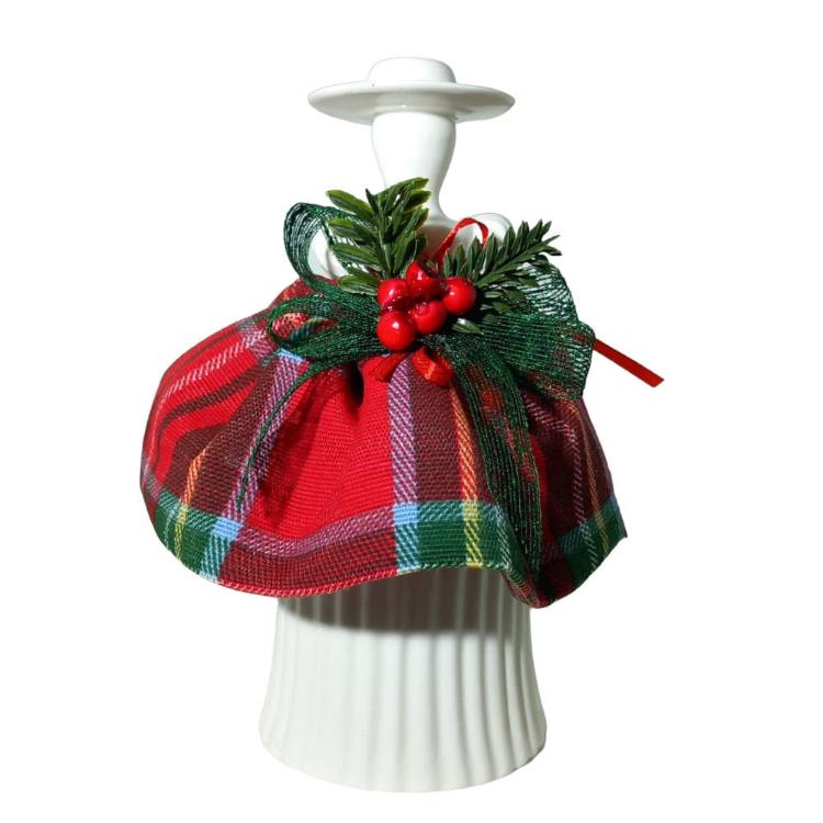 Ad Creation Dama in Porcellana porta candela tea light con vestito tartan H.16.5x9 cm