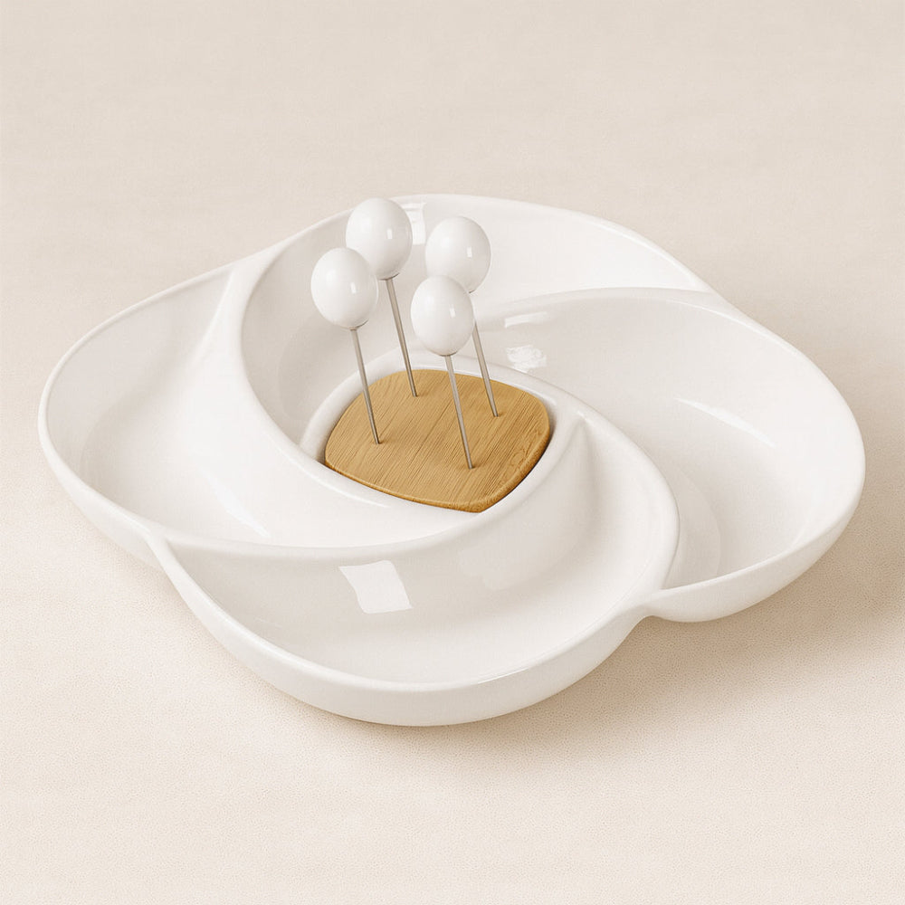 Antipastiera Brandani Girella in porcellana bianca con supporto bamboo e 4 forchettine inox Ø 24 cm