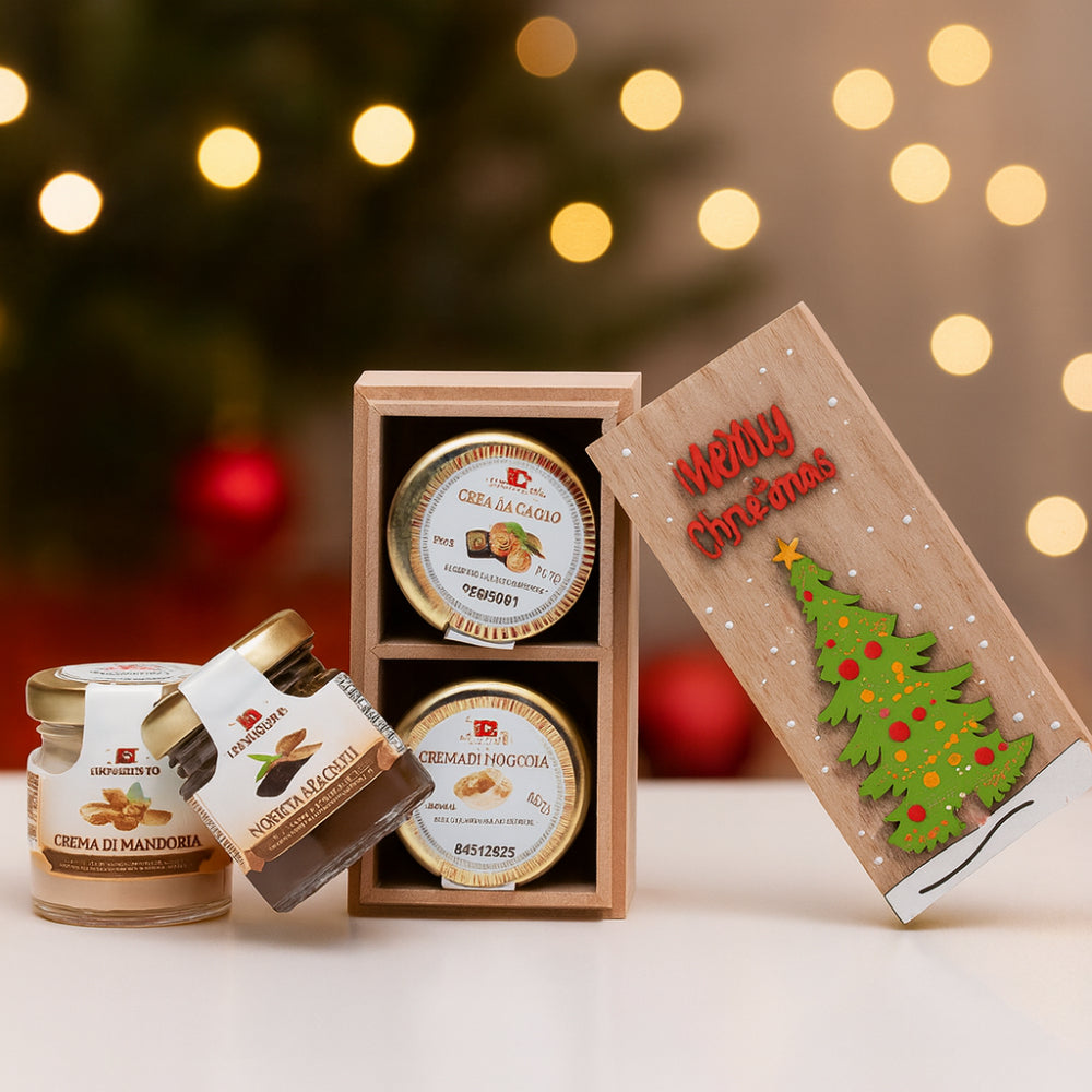 Babbomatto scatola con 2 creme spalmabili mandorla e gianduia 6.5x11 cm