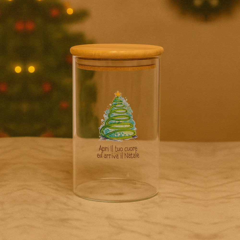 Barattolo Natale Babbomatto Ø10 H12 con frase “Apri il tuo cuore ed arriva il Natale”