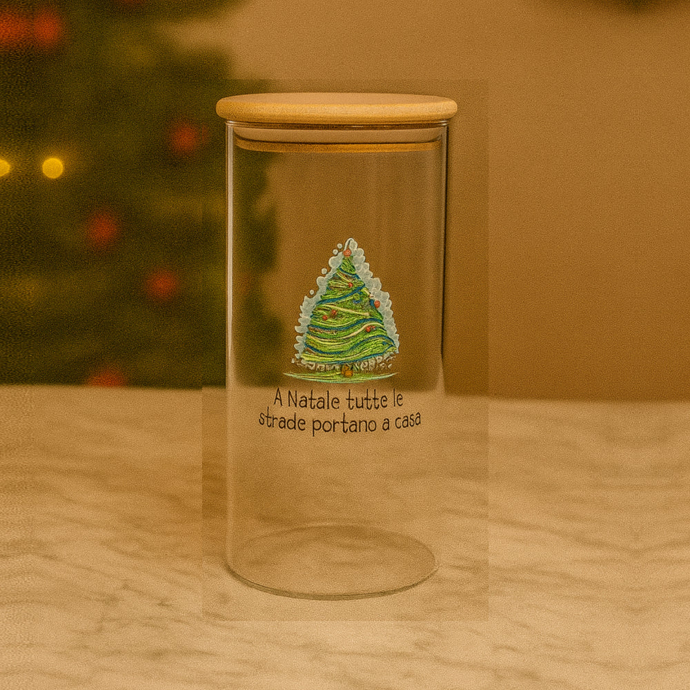Barattolo natalizio Babbomatto Ø10 H15 con frase “A Natale tutte le strade portano a casa”