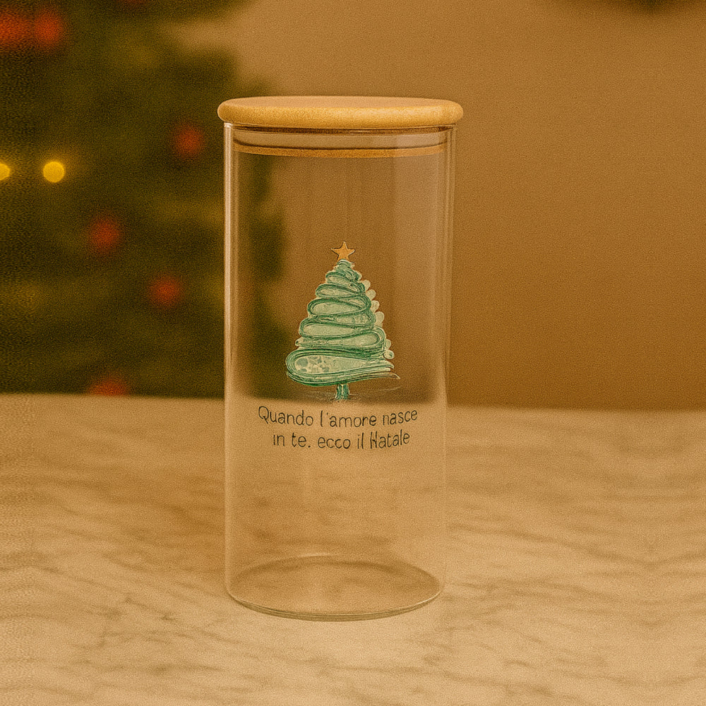 Barattolo natalizio Babbomatto Ø10 H15 con frase “Quando l’amore nasce in te, ecco il Natale”