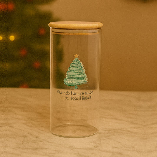 Barattolo natalizio Babbomatto Ø10 H15 con frase “Quando l’amore nasce in te, ecco il Natale”