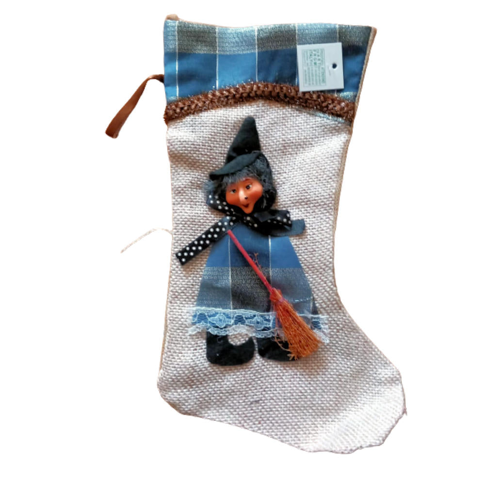 Befana Calza Dell Epifania Con Testa Befana 3d In Resina - Calza In Stoffa- Blu