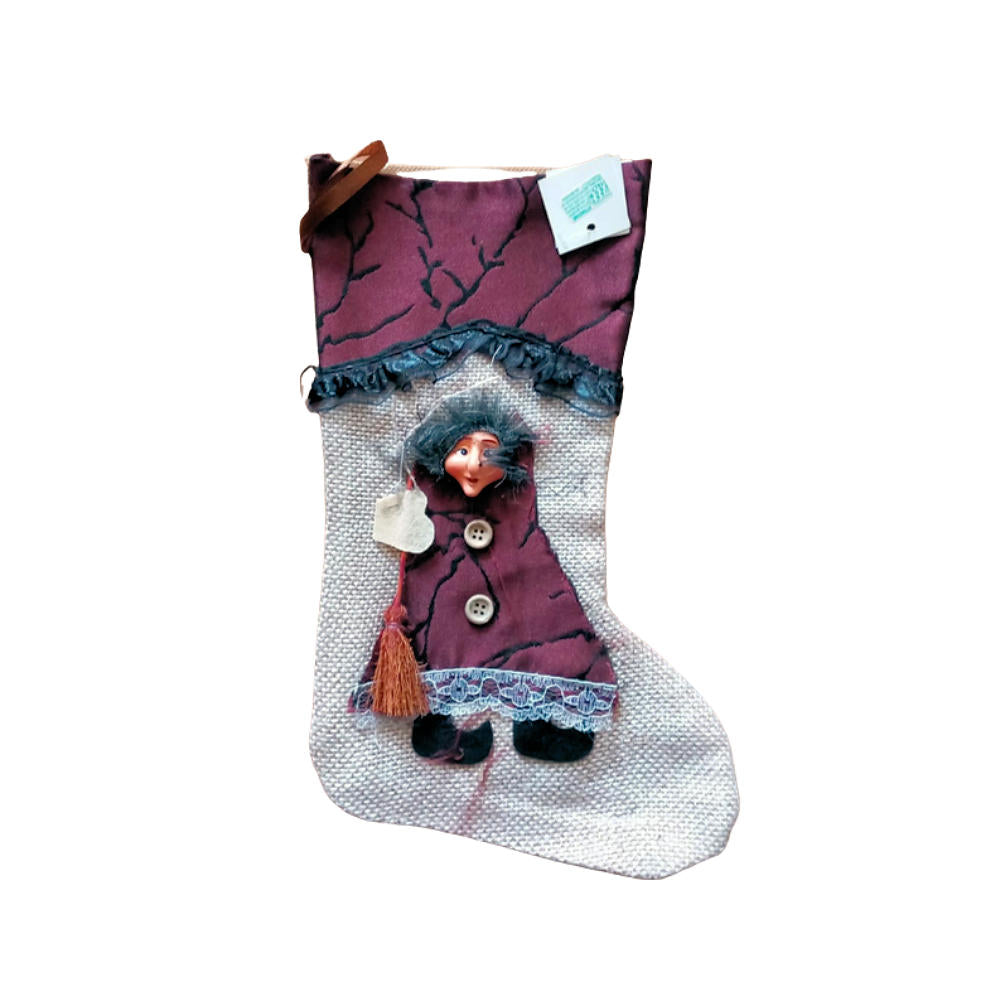 Befana Calza Dell Epifania Con Testa Befana 3d In Resina - Calza In Stoffa- Bordeaux