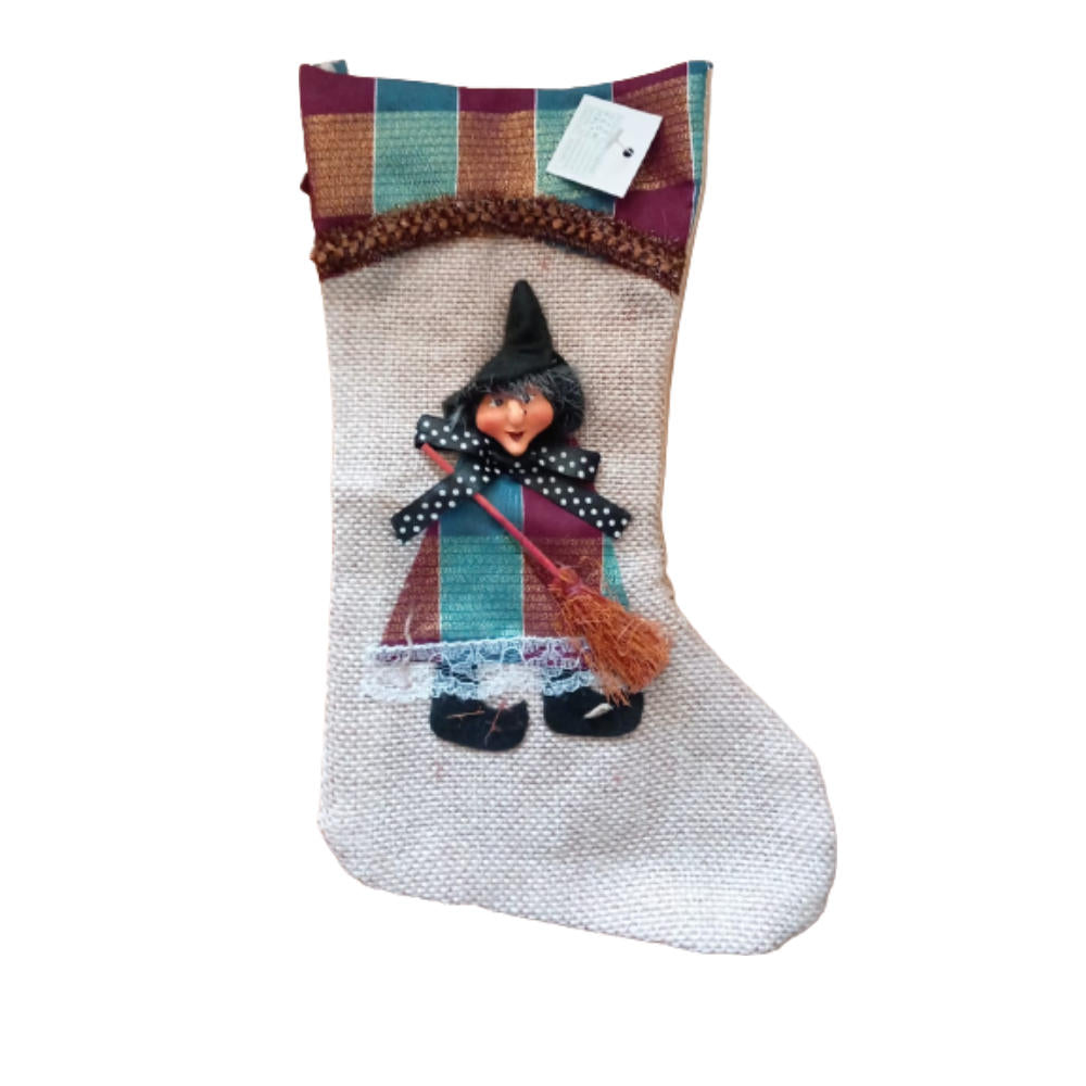 Befana Calza Dell Epifania con Testa Befana 3d In Resina - Calza in Stoffa- Brown