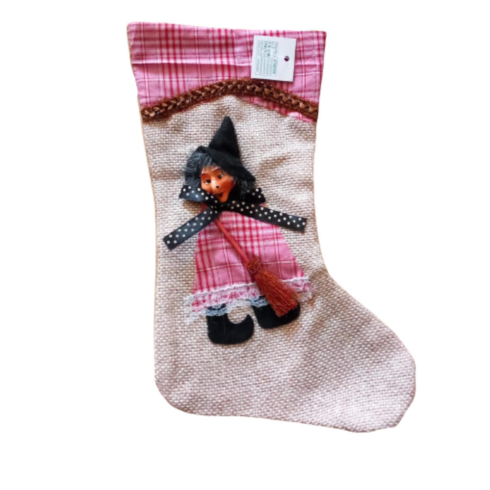 Befana Calza Dell Epifania Con Testa Befana 3d In Resina - Calza In Stoffa- Rosa