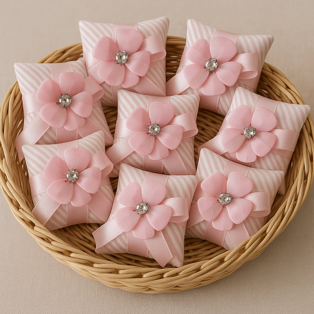 Bomboniera elegante baby girl 9x9cm fiore marmorizzato rosa