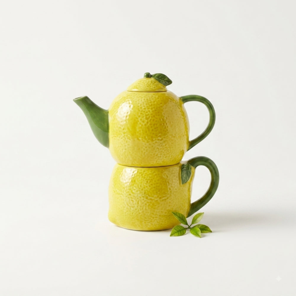 Brandani teiera con tazza Limone in dolomite 350 e 300 ml, Ø11x17,5xH16 cm