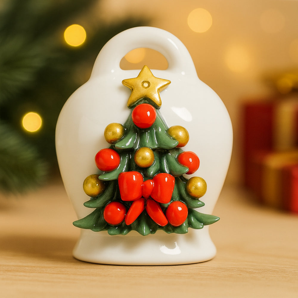 Campana natalizia Sharon in porcellana con albero decorato 10x8 cm