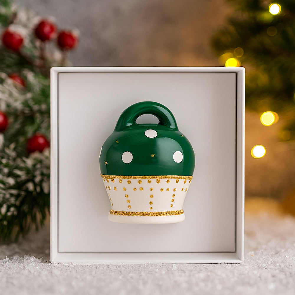 Campana natalizia Sharon in porcellana verde e oro con scatola portaconfetti – bomboniera elegante Made in Italy"