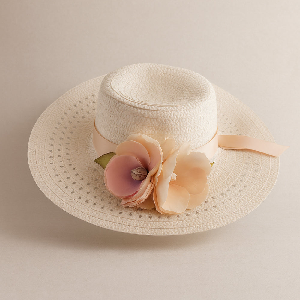 Cappello Le Favole Ø 40 cm paglia sintetica con fiori tessuto e nastro cipria