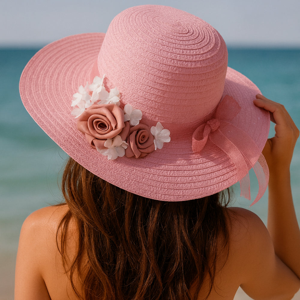 Cappello Le Favole Ø 40 cm paglia sintetica con fiori tessuto e nastro cipria r