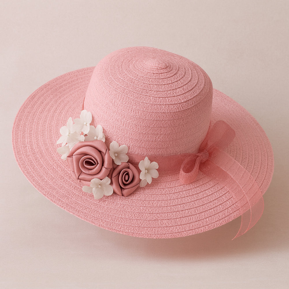 Cappello Le Favole Ø 40 cm paglia sintetica con fiori tessuto e nastro cipria r