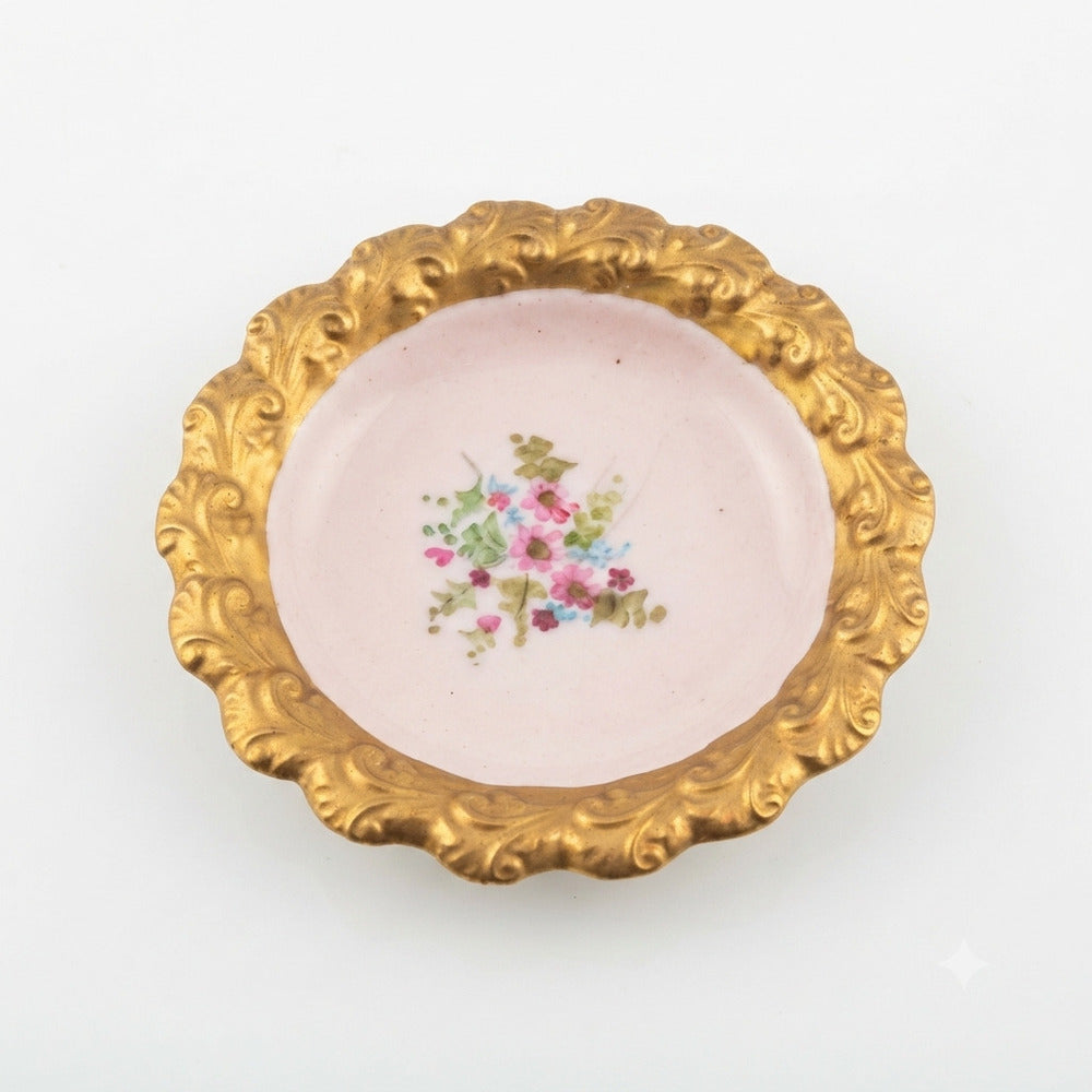 Cattin Piattino in Porcellana Rosa Oro Dipinto a Mano 9,5 cm