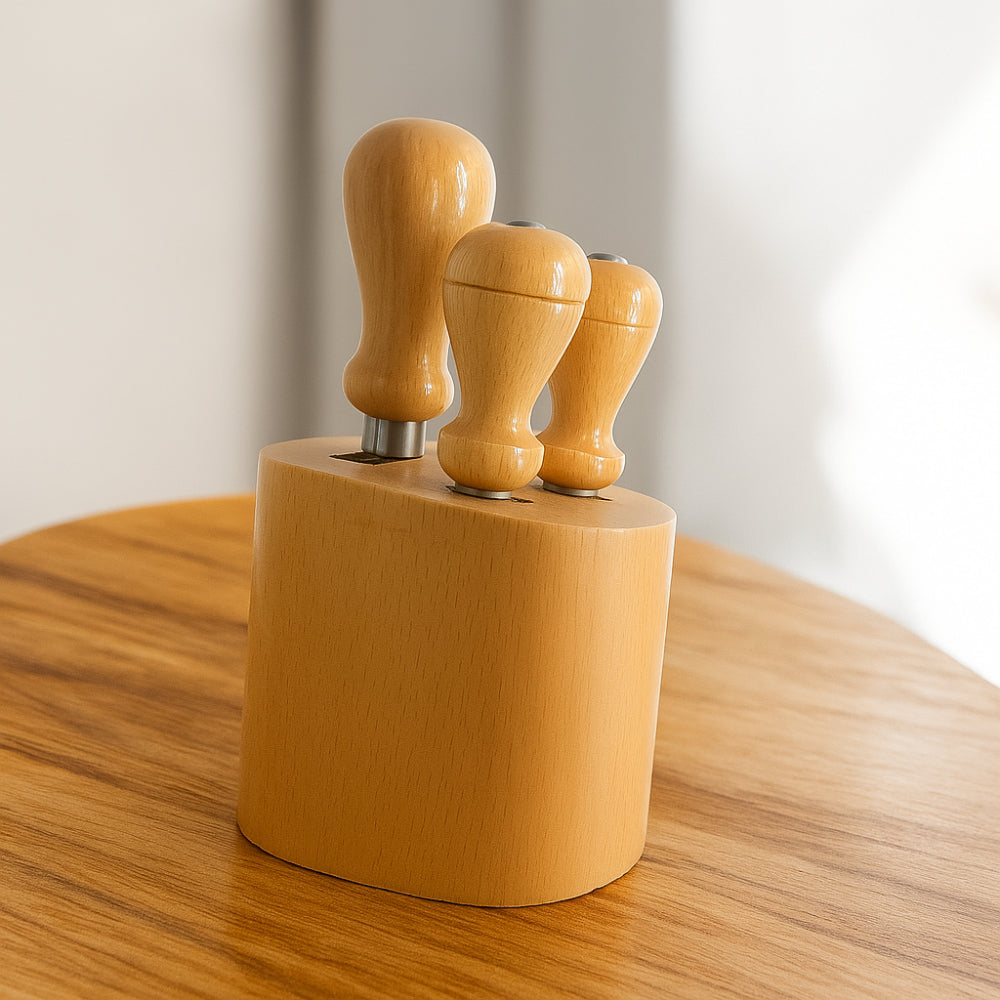 Ceppo in legno con set 3 utensili formaggio frontale