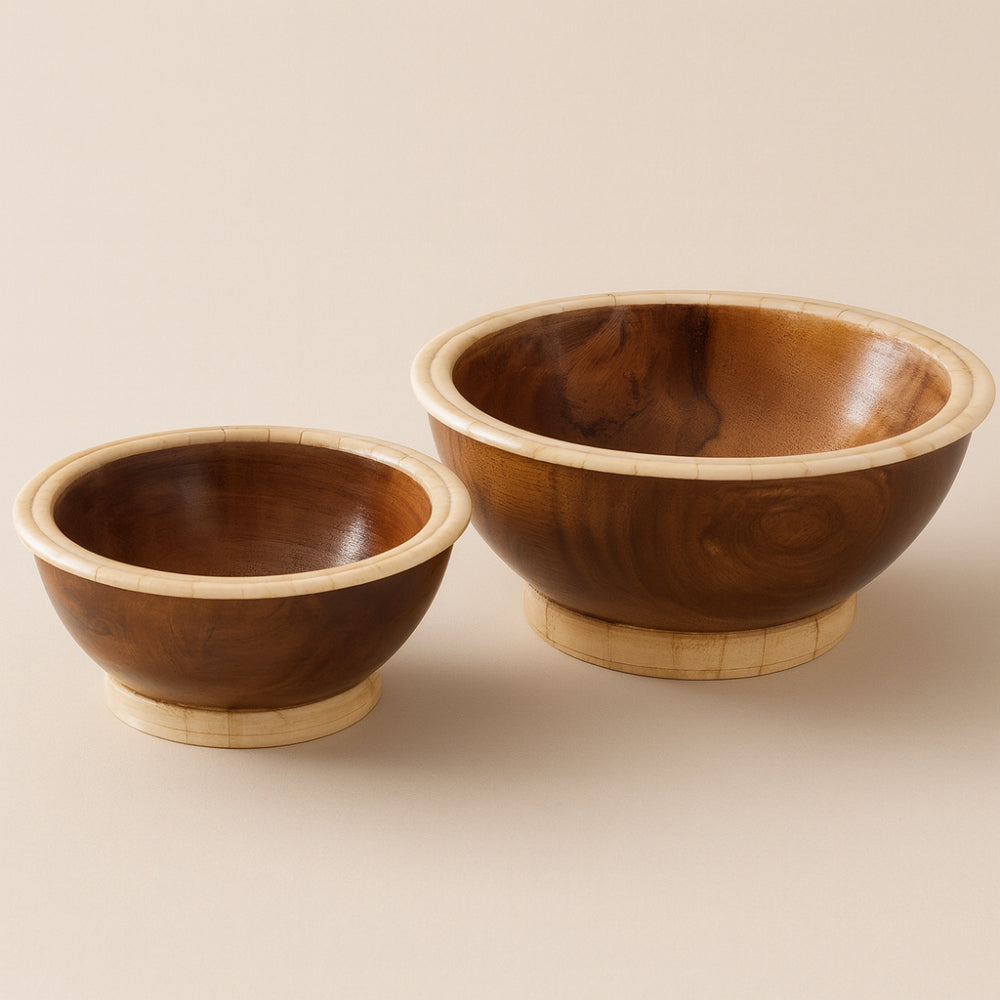 Coppia di ciotole Daliana in legno anticato con bordi tipo osso 18x8,5 e 16x6,5 cm