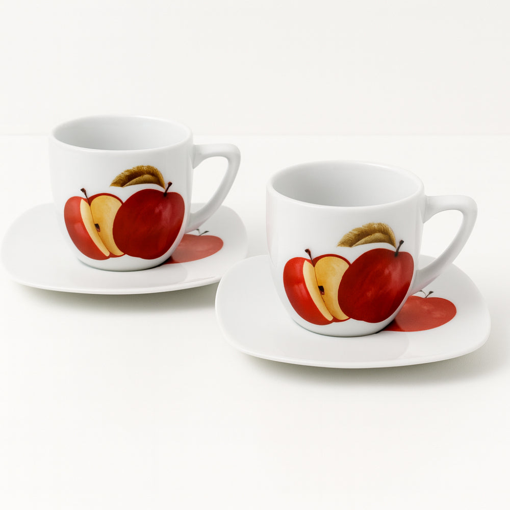Coppia tazze caffè in porcellana con decoro mela e piattino 11×11 cm
