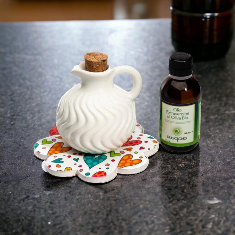 Cuorematto Oliera Con Piattino H.9 Cm Cuoricini Legno E Porcellana D6672