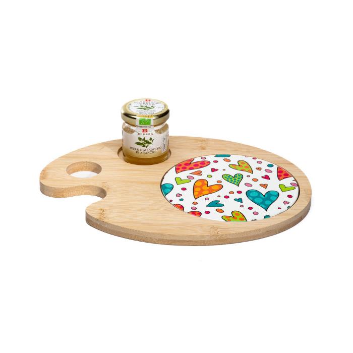 Cuorematto Tagliere Tavolozza Miele 18x24 Cm Cuoricini Legno E Porcellana D6681