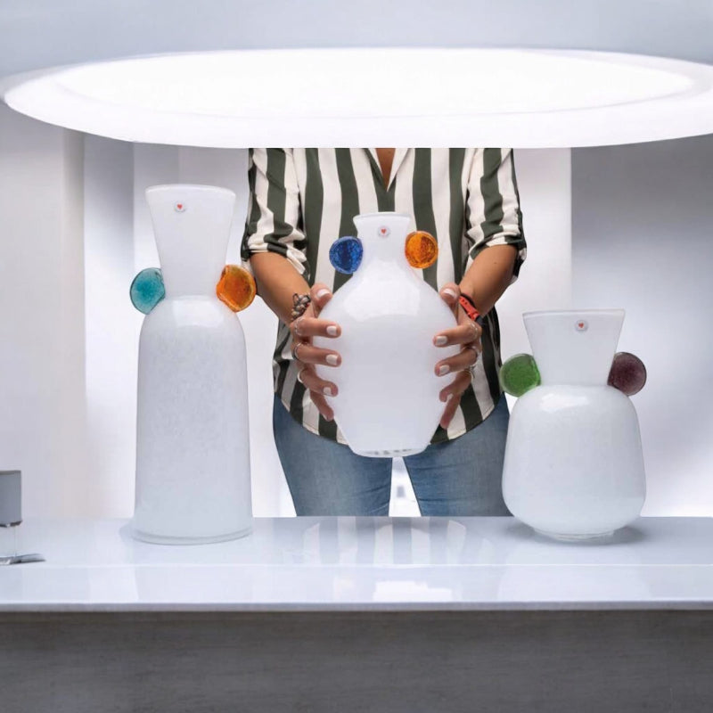 Cuorematto Vaso in Vetro 28 cm Bianco Ambra e Bleu Design d9002