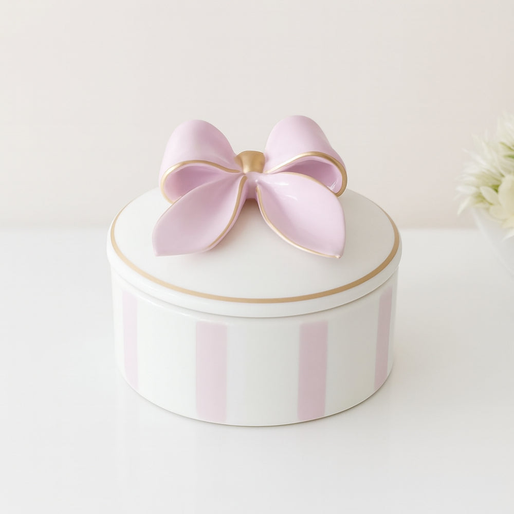 Dea Capodimonte Scatola Rosa Cipria a Coste con Fiocco Ø10xH7,5 cm