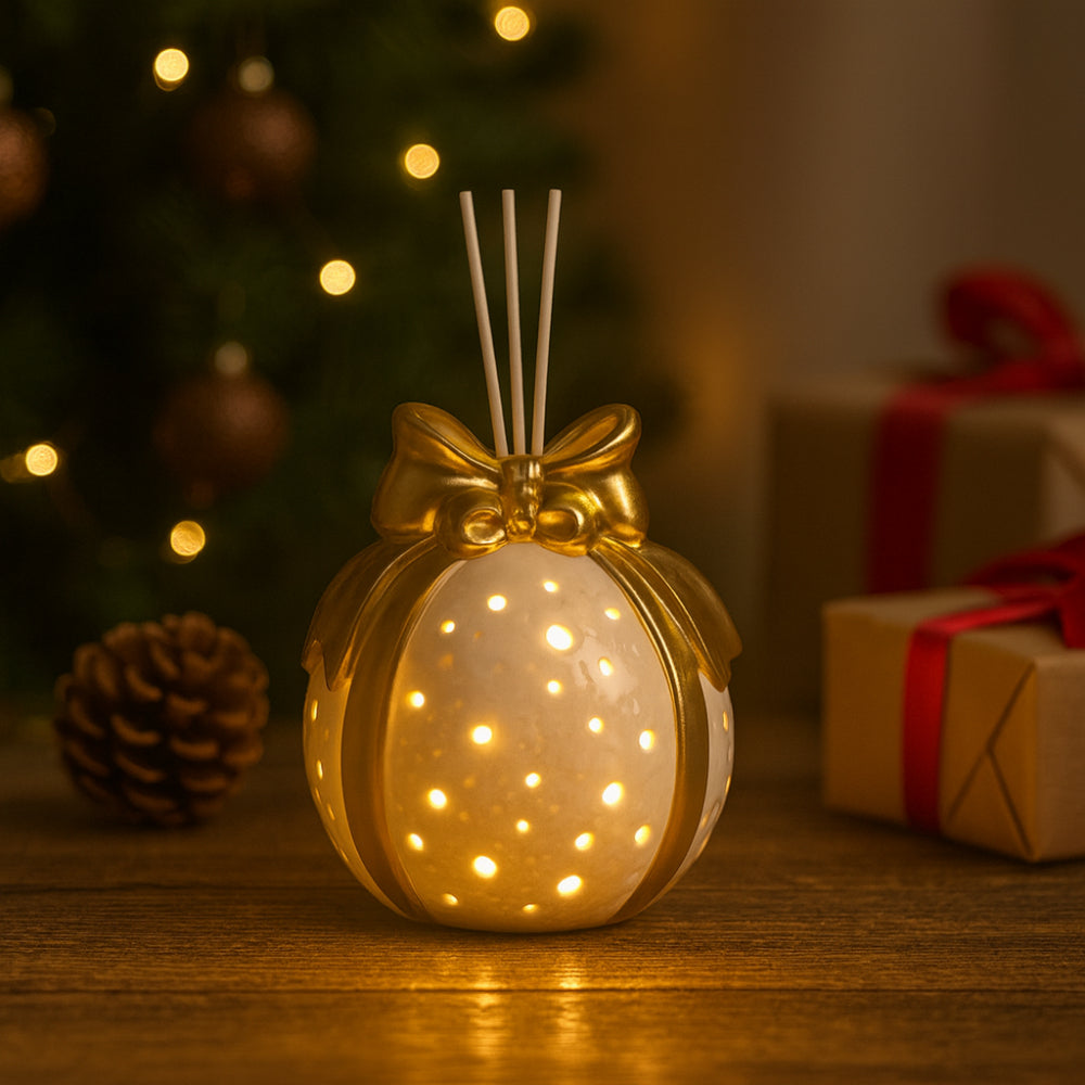 Diffusore d’ambiente Babbomatto LED palla in ceramica bianca Ø 10 cm con fiocco oro