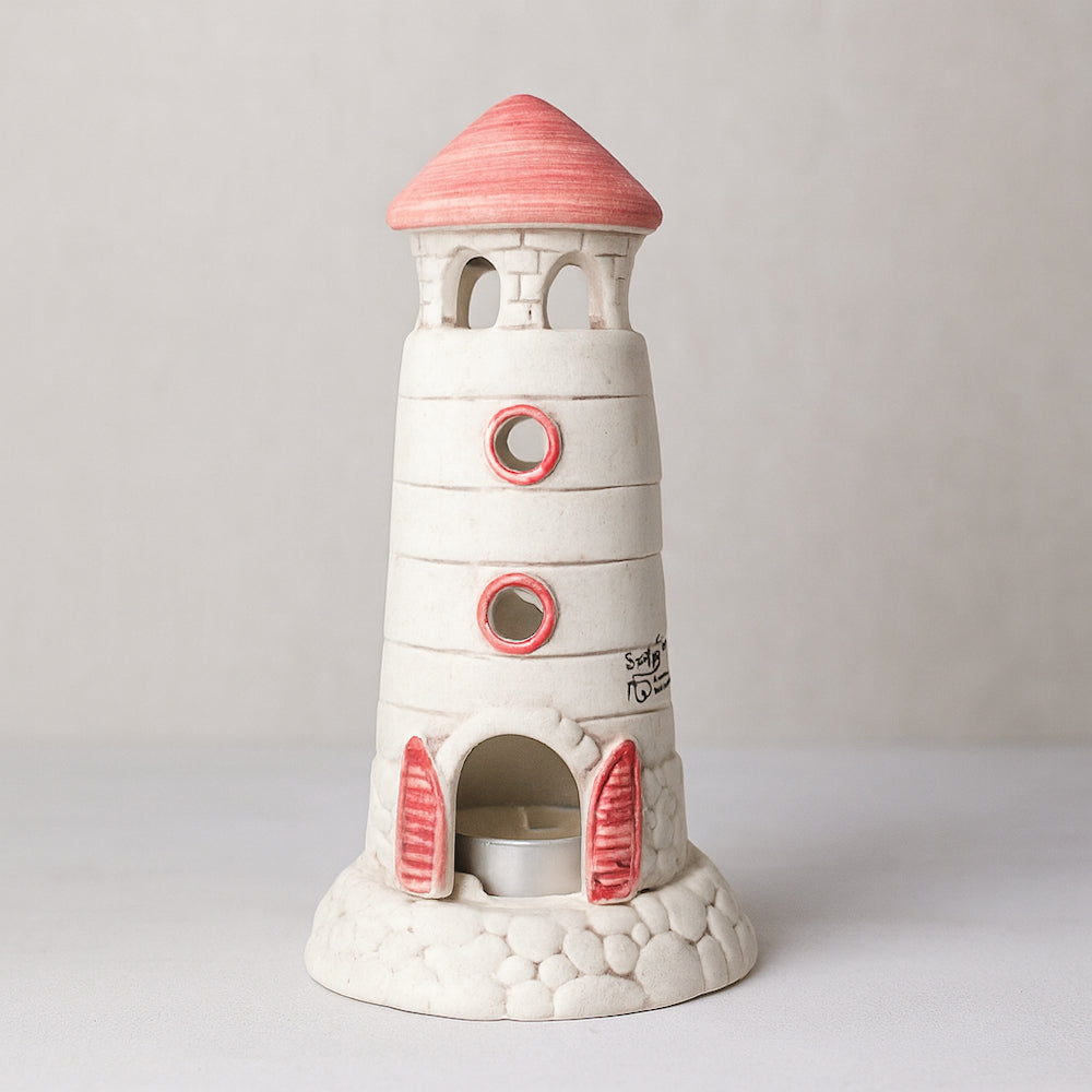 Faro Spago Di Terra in ceramica rossa H 18x9 cm porta candela artigianale