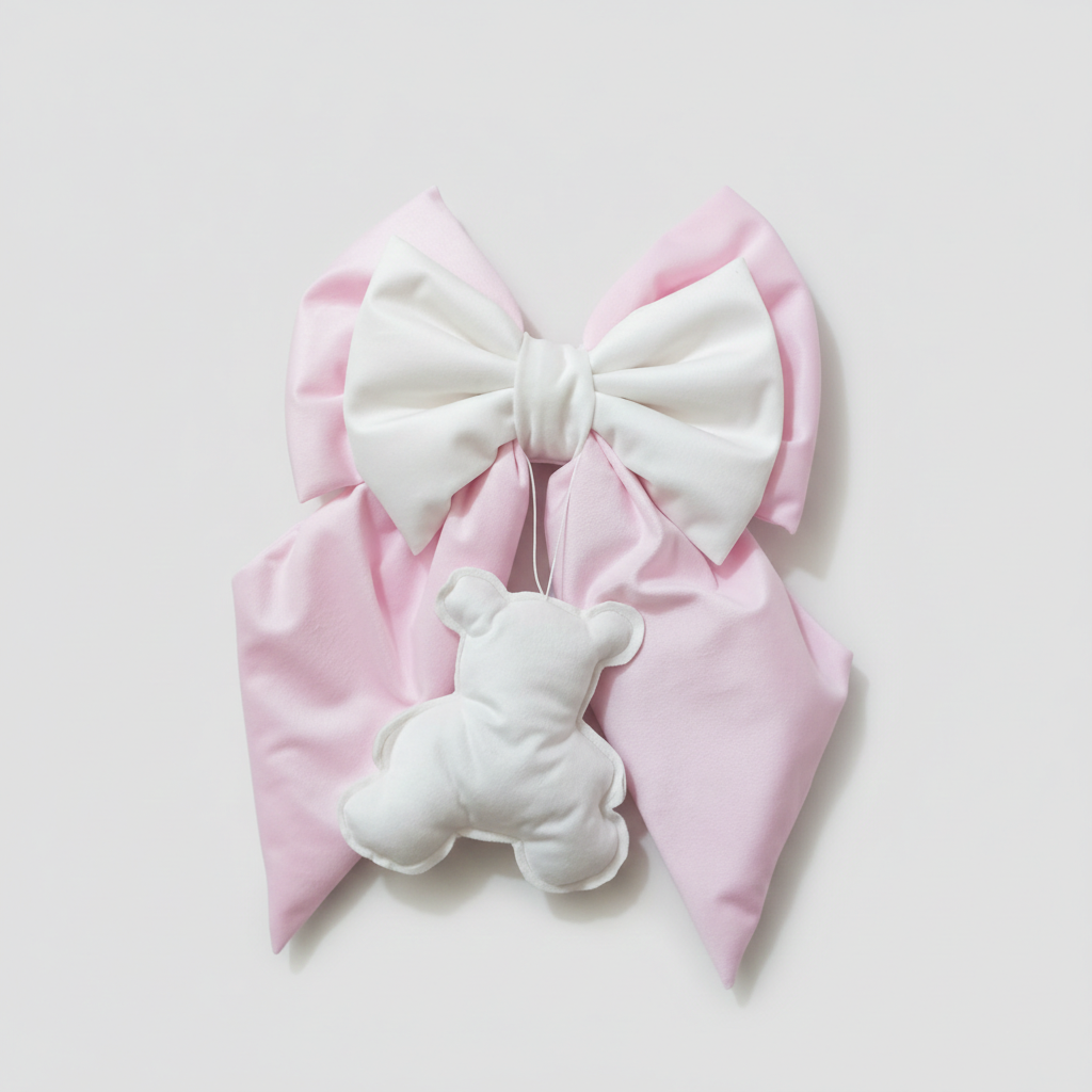 Fiocco fuoriporta nascita Fiocchi di Luce rosa in ciniglia di cotone con orsetto bianco 47x31 cm