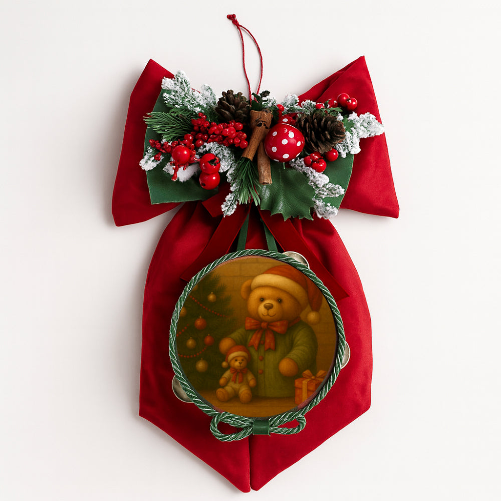 Fiocco natalizio Fiocchi di Luce Orsetto del mio Cuore con tamorra Ø16,5 cm H 45×25 cm artigianale