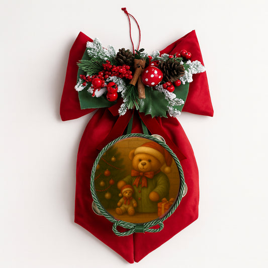 Fiocco natalizio Fiocchi di Luce Orsetto del mio Cuore con tamorra Ø16,5 cm H 45×25 cm artigianale