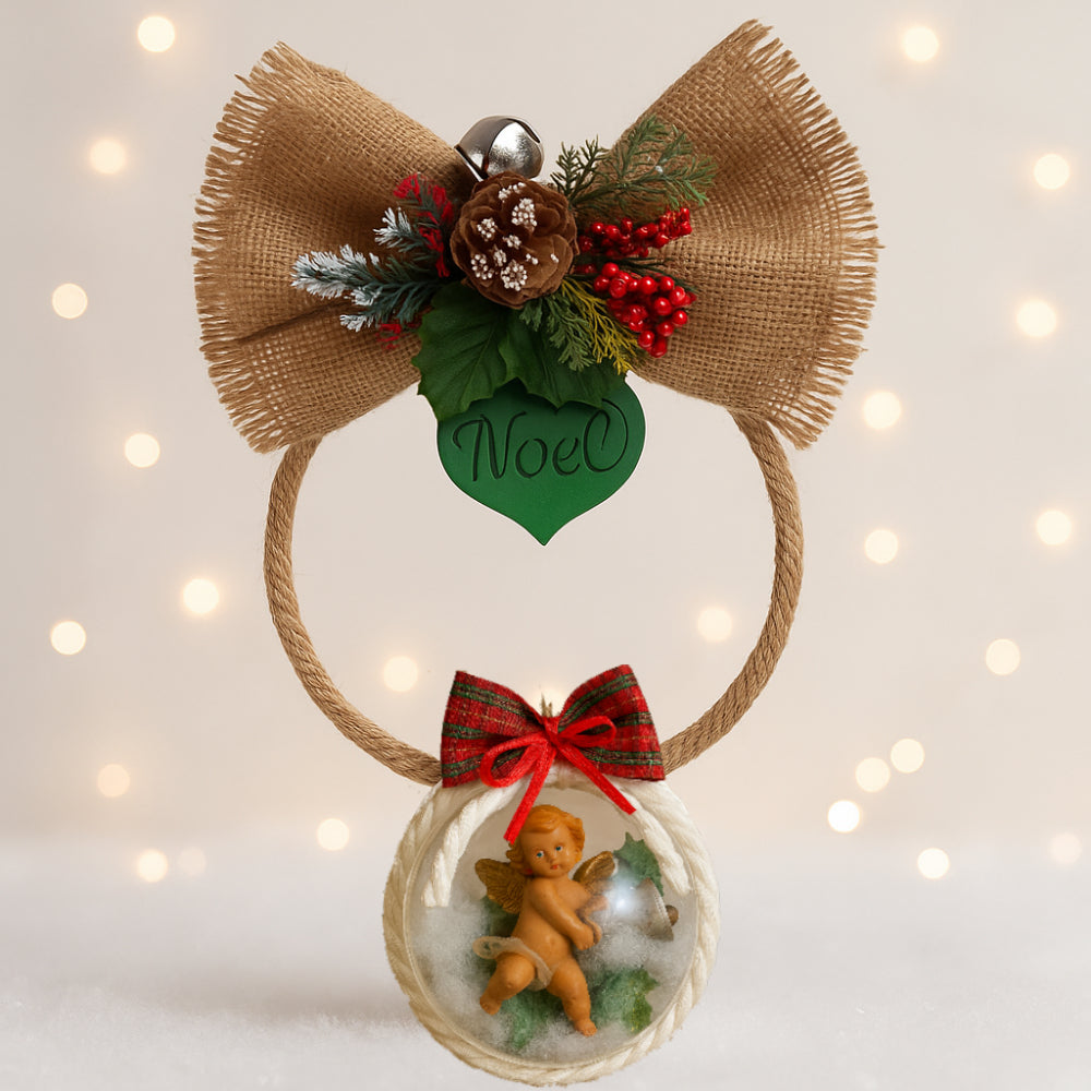Fuoriporta Natale con angelo Fontanini, fiocco juta e scritta Noel in marmorina 35x22 cm