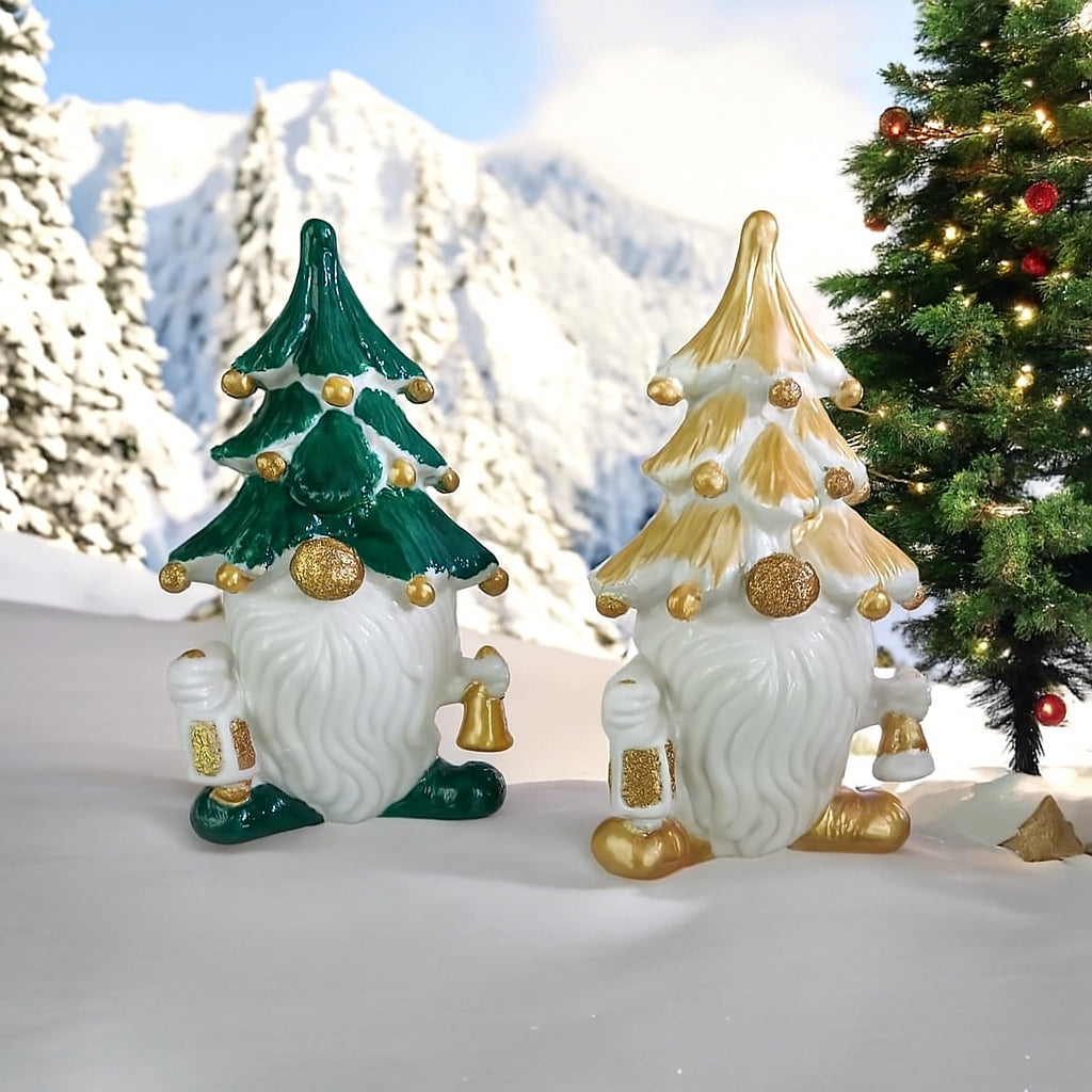 "Gnomo Sharon Alex in porcellana verde e oro con albero di Natale – decorazione natalizia 17x11 cm"