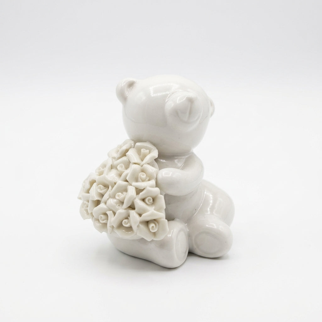 Hervit orsetto in porcellana bianca con bouquet di rose 8x7 cm