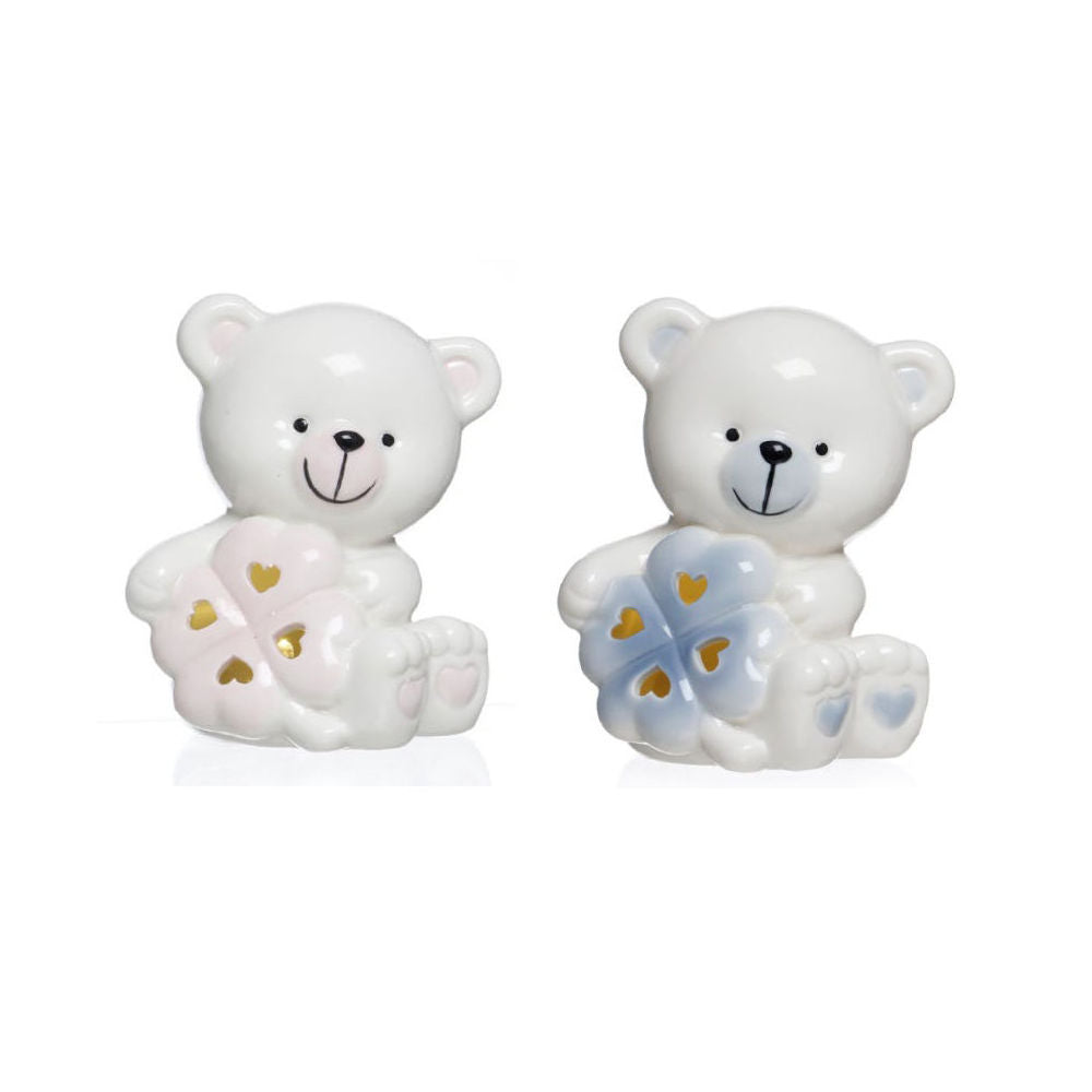 Ilary Queen Orsetto con Quadrifoglio Celeste Rosa a Led H13x10 Cm Porcellana Bomboniere