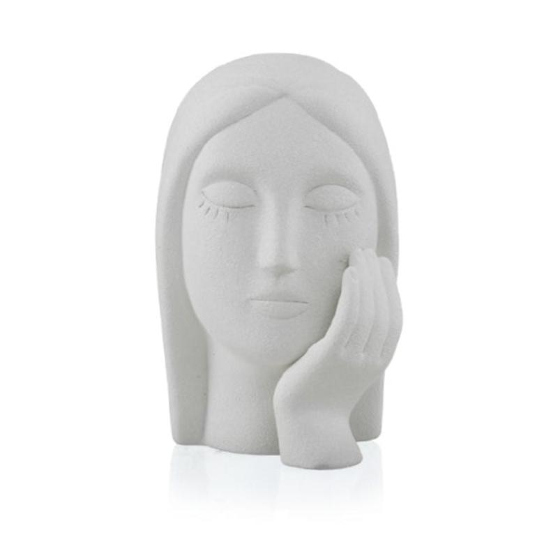 Ilary Queen Statua Volto di Donna con Mano - In Gres Bianco 13x18 Cm