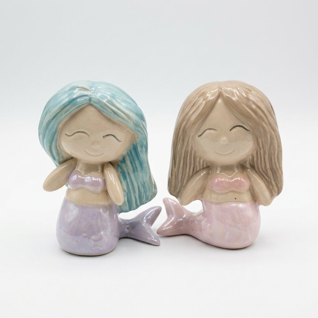 Ilary Queen coppia sirene in ceramica rosa lilla e azzurro H 10 cm