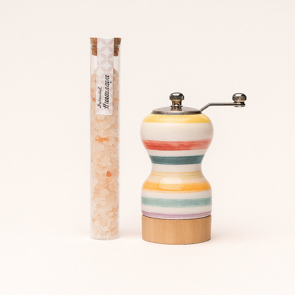 Macinasale Cuorematto a Righe in Ceramica e Acciaio Ø6xH12 cm Bomboniera