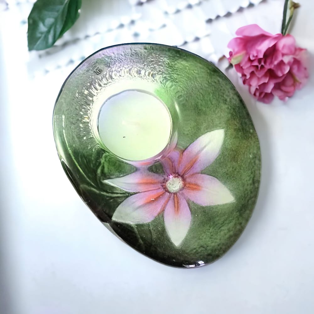 Maleras Scultura Fior Di Loto Blu Porta Tea Light In Cristallo Lavorato H.4x13 Cm Mats Jonasson