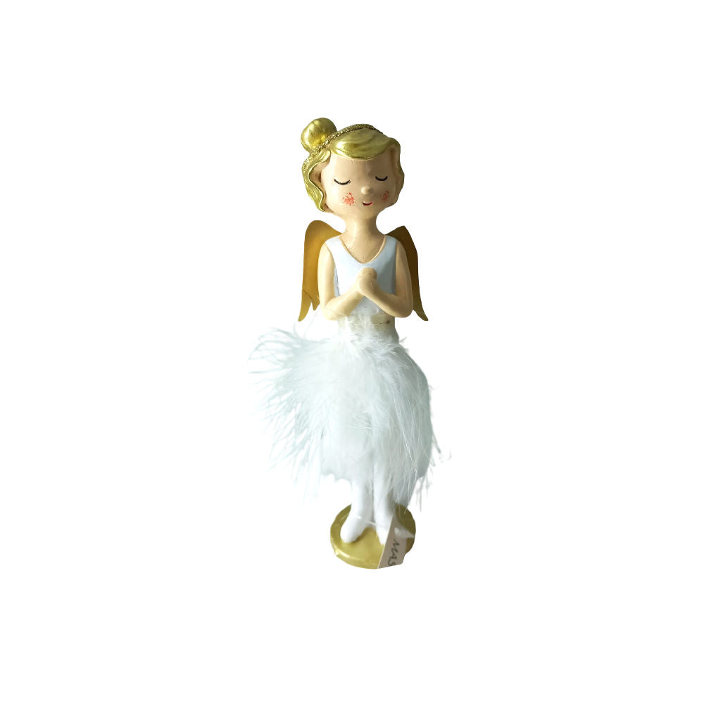 Mascagni Angelo In Resina Con Voile E Piume H.14cm Bianco E Oro Natalizia C890