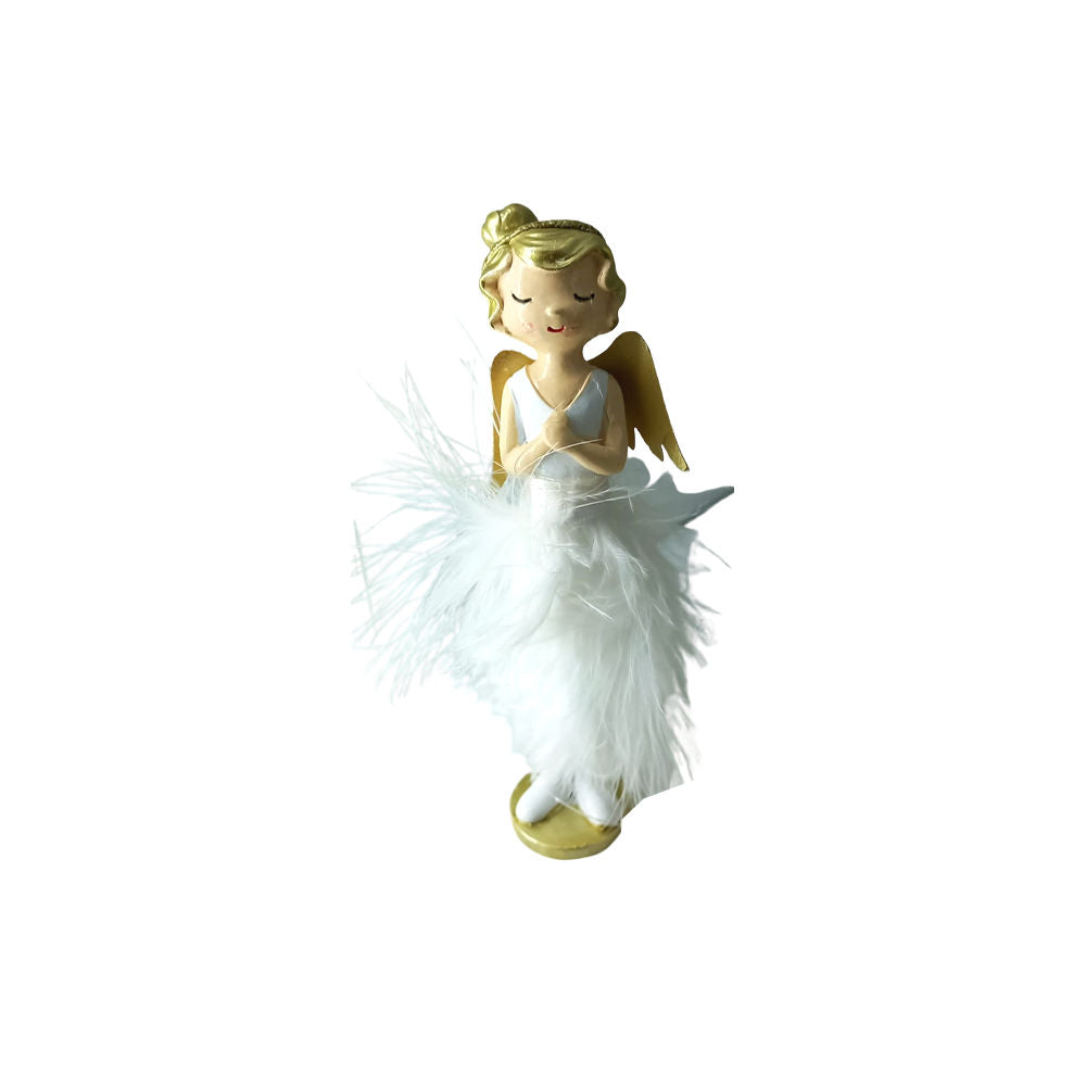Mascagni Angelo In Resina Con Voile E Piume H.14cm Bianco E Oro Natalizia C890