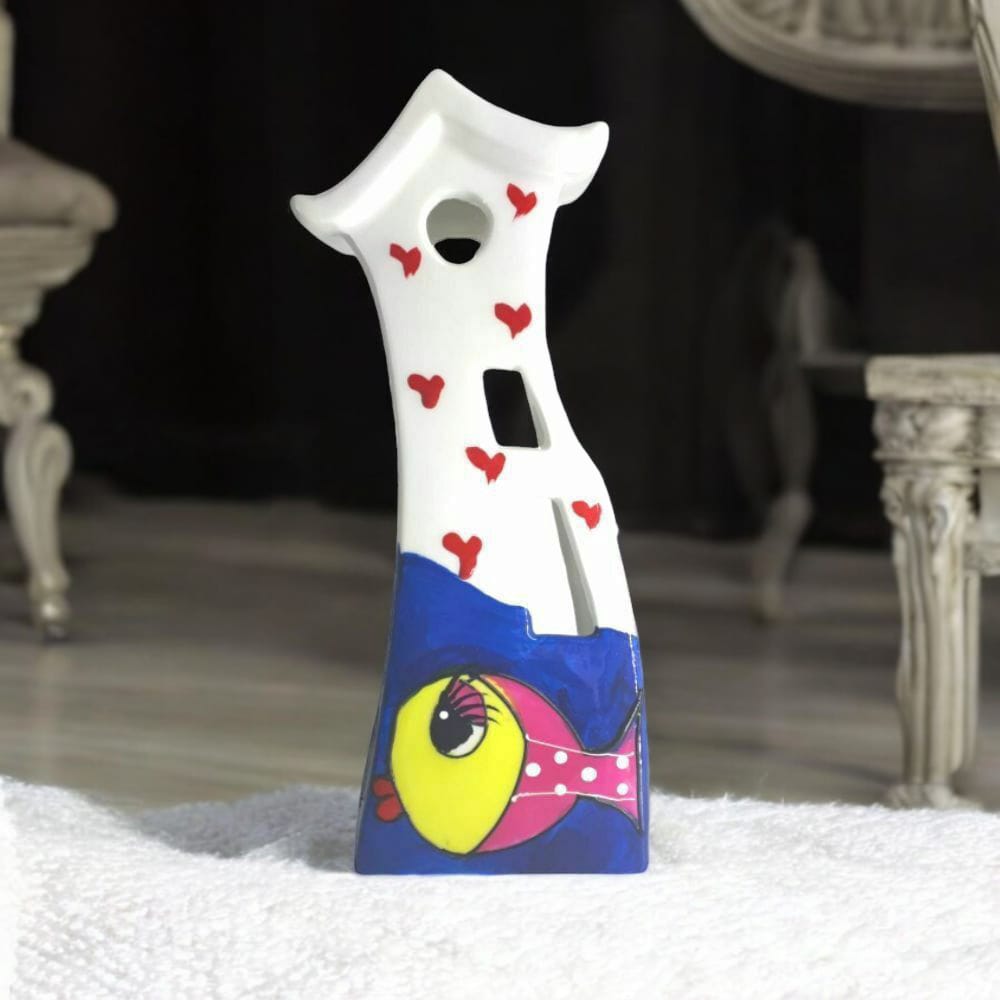Meum Casa – Casetta Porta Candela “Il Pesce Innamorato” in Porcellana H.18x7,5x7 cm