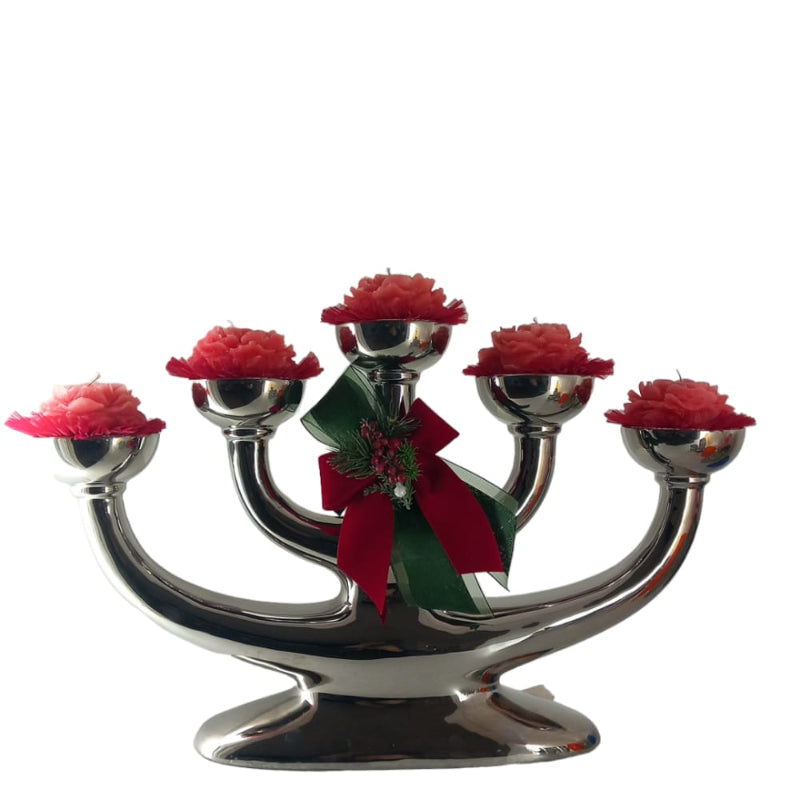 Noel H Porta Candele 5 fiamme H30x50x12 cm in Porcellana Color Platino 5 fuochi