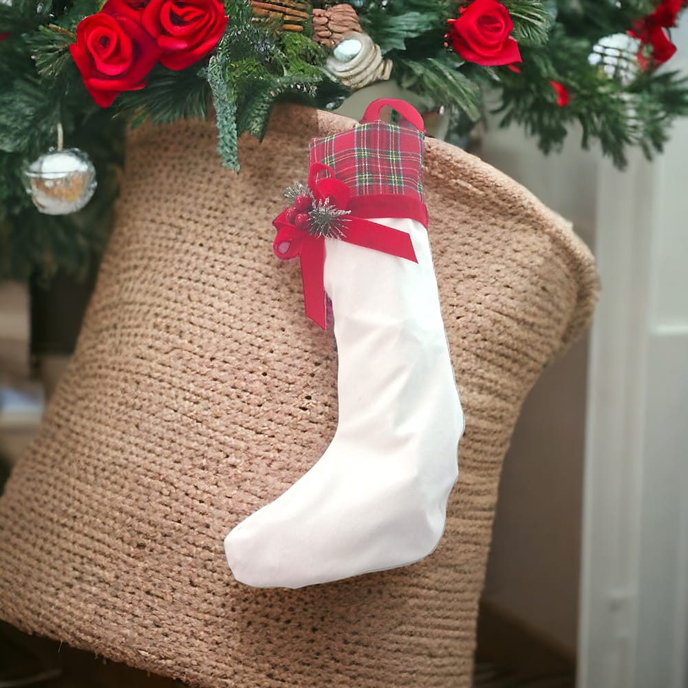 Onde Creazioni Calza Epifania Velluto Bianco Tartan Cm 42 ca Befana x