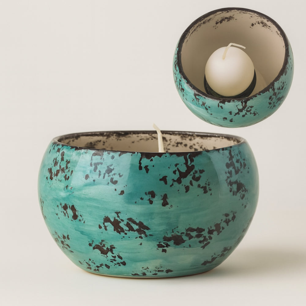 Porta Candele Zampiva in Ceramica Turchese Maculato H 11,5 cm Artigianale