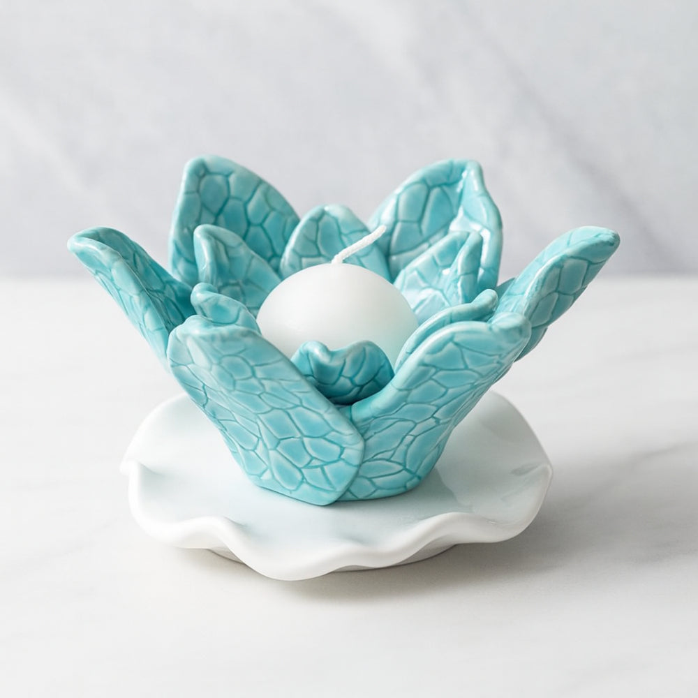 Porta candela Zampiva in ceramica artistica acquamarina H 6 cm