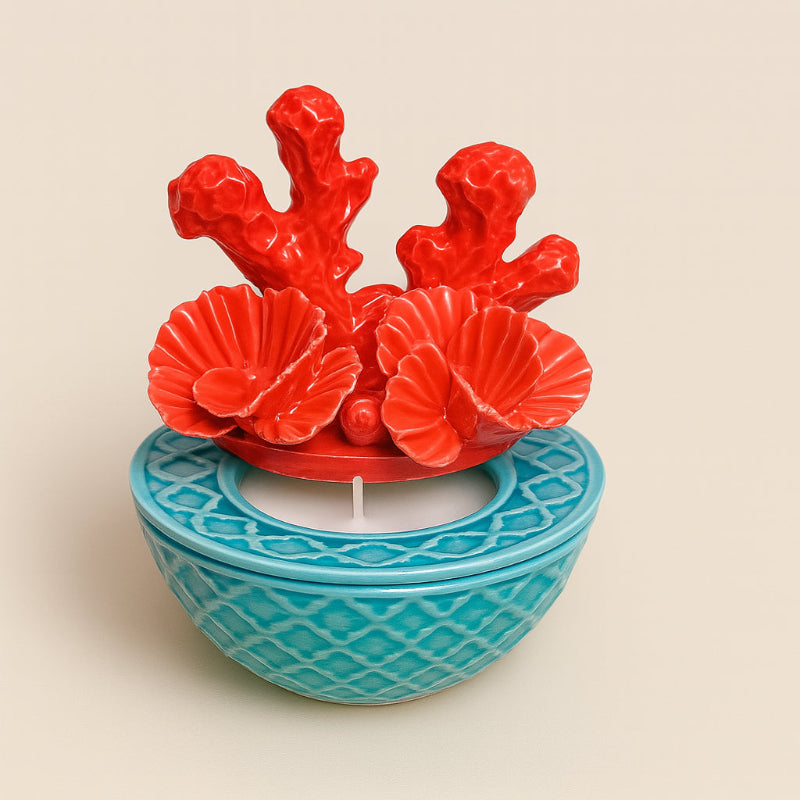 Porta candele Portofino Sharon in ceramica corallo turchese/rosso Ø10,5 x H12 cm – stile marinaro – Le Favole