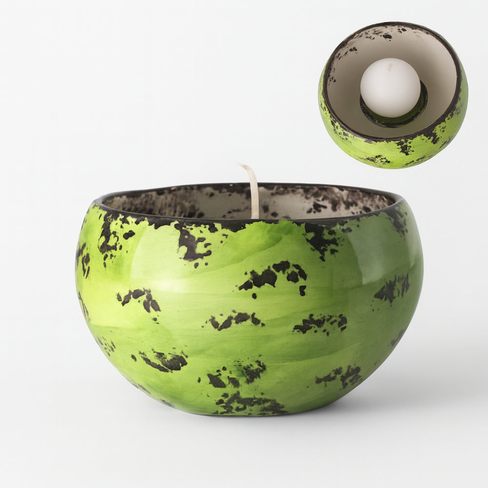 Porta candele Zampiva in ceramica verde maculato H 11,5 cm fatto a mano